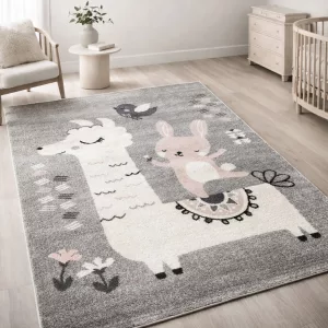 Pasztel gyerekszőnyeg H199A_SFI23 nyuszi és láma mintás pasztelszürke 120x170 cm