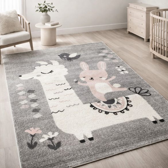 Pasztel gyerekszőnyeg H199A_SFI23 nyuszi és láma mintás pasztelszürke 120x170 cm