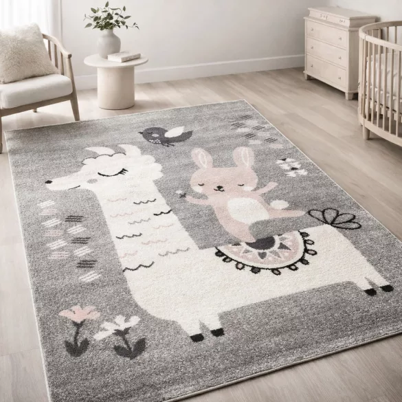 Pasztel gyerekszőnyeg H199A_SFI23 nyuszi és láma mintás pasztelszürke 120x170 cm