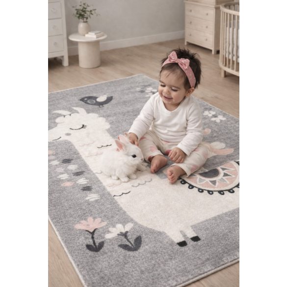 Pasztel gyerekszőnyeg H199A_SFI23 nyuszi és láma mintás pasztelszürke 120x170 cm