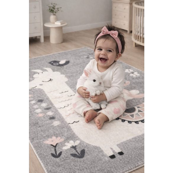 Pasztel gyerekszőnyeg H199A_SFI23 nyuszi és láma mintás pasztelszürke 120x170 cm